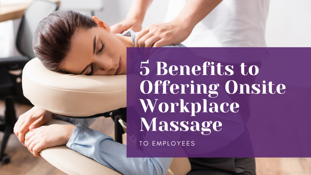 woman getting onsite workplace massage on a massage chair with a massage therapist hands on her back.